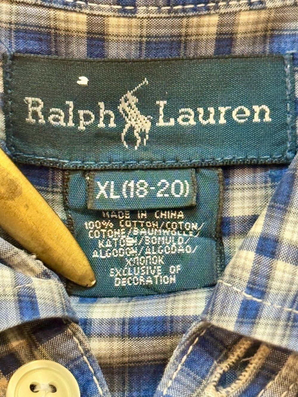 Ralph Lauren Blue Plaid Button Down Shirt Youth XL 18-20 Ivory Pony MenXS Unisex - Picture 9 of 13
